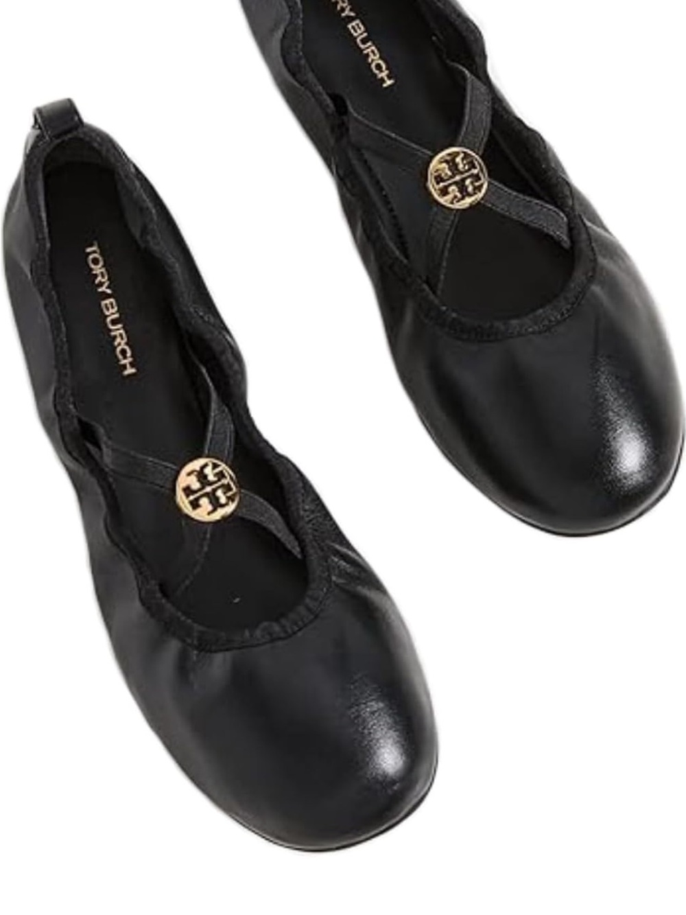 Tory Burch Black Leather Ballet Flats with Gold Logo Medallion